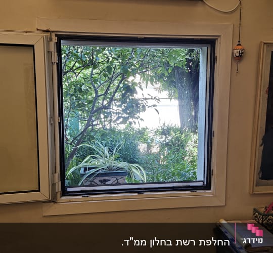 חלון אלומיניום פתוח עם נוף של צמחים בחוץ